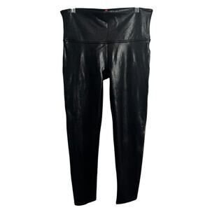 SPANX Leggings Women L Black Gold Metallic Faux Leather Biker Moto Mobwife